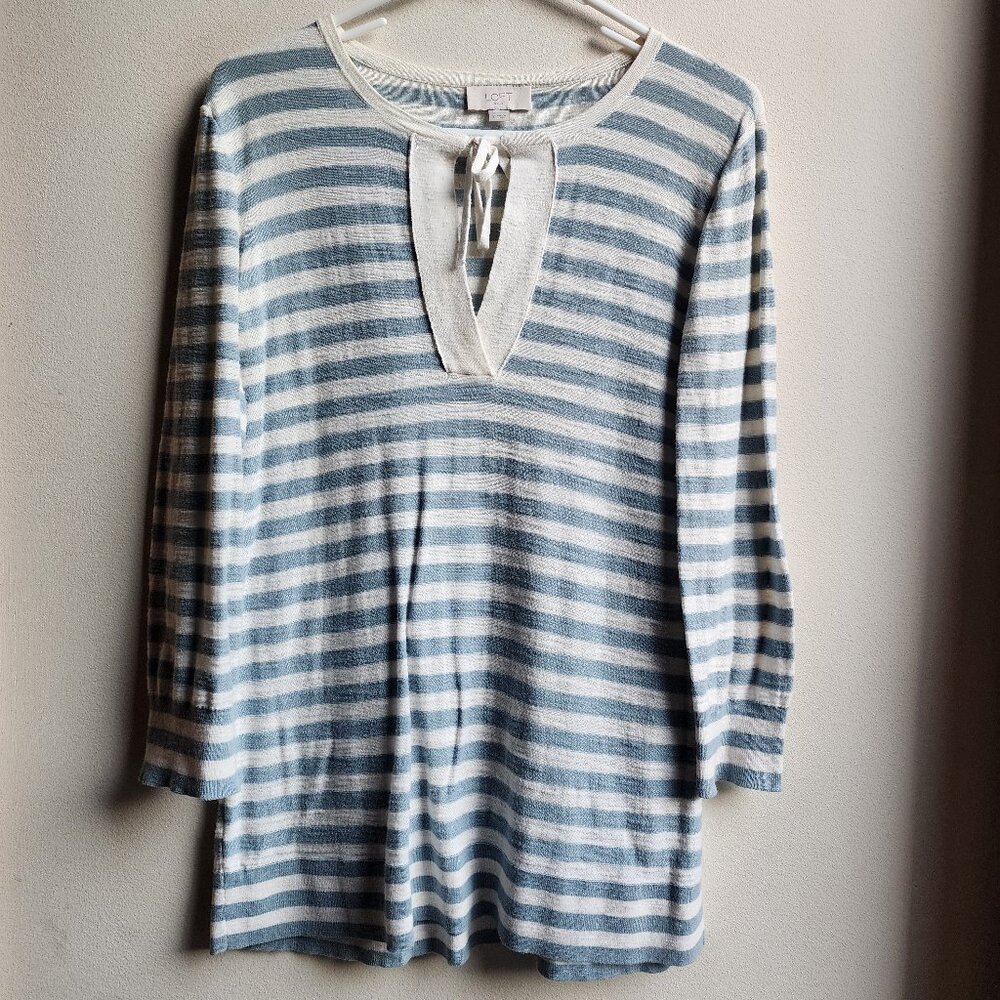 LOFT Blue/Cream Striped Tunic Sweater Size Small